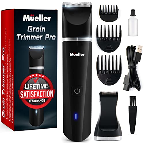 Mueller Groinscaper Pro Hair Trimmer 5.0, Replaceable SkinSaver Ceramic Blade Heads, Waterproof Wet/Dry Clippers, Rechargeable, Wireless Charging, Ultimate Male Hygiene Razor