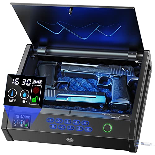 HOLEWOR Gun Safe, Biometric Gun Safes for Pistols with LCD Display of Temperature Humidity, Fingerprint Quick Access Pistol Safe Sturdy Handgun Safe with USB C Port Black