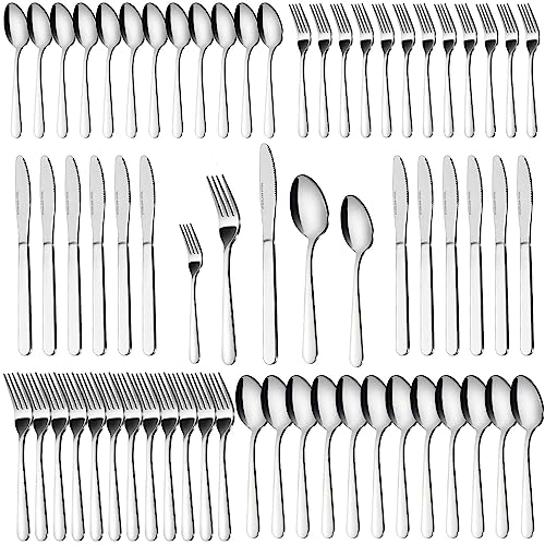 Bestdin Silverware Set for 12, 60-Piece Spoons and Forks Set, Food-Grade Cutlery Set, Stainless Steel Forks and Spoons Silverware Set, Flatware Sets Includes Knife/Fork/Spoon, Dishwasher Safe.