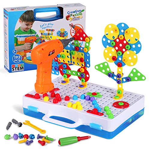 Haifeng 193 Pieces STEM Drill Toys Kit, DIY Creative Mosaic Drill Set for Kids, Construction Engineering Building Blocks Learning Kit for Ages 3-10 Years Old, Creative Games & Fun Activity