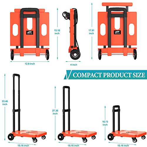 SOYO Folding Hand Truck, 265 LB Capacity Dolly Cart for Moving, Heavy Duty Fold Up Shifter Trolley Collapsible Portable Luggage Cart with 4 Wheels for Travel Shopping Office Use, Orange