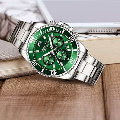 MEGALITH Mens Watches with Stainless Steel Waterproof Analog Quartz Fashion Business Chronograph Green Watch for Men, Auto Date