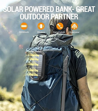 Solar Power Bank 36000mAh,Solar Charger Wireless Built in 3 Cables IPX5 Waterproof Portable Solar External Battery Pack with 3 Input 4 Output 15W USB C Port Camping Flashlight iPhone Samsung Tablet
