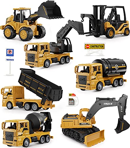 Construction Trucks Toy Set, Geyiie Construction Vehicles Site for Kids Engineering Toys Playset for Boys Girls, Pull Back Cars Excavator Tractor Bulldozer Dump Sand Toys Gifts for Party Favor