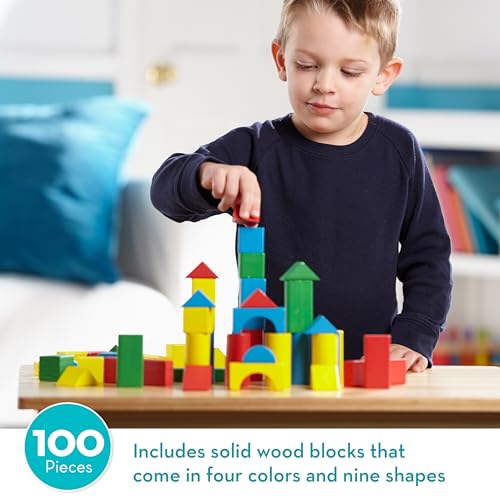 Melissa & Doug Wooden Building Set - 100 Blocks in 4 Colors and 9 Shapes