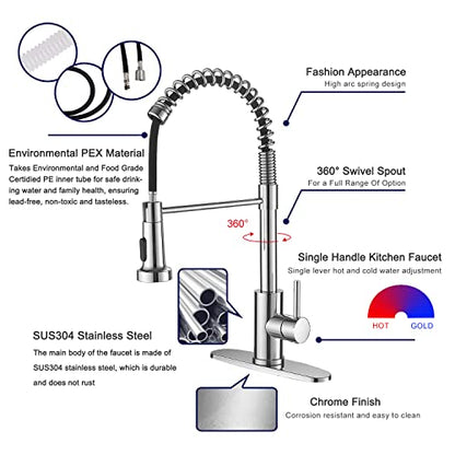 VOTON Kitchen Faucets with Pull Out Sprayer Commercial Spring Sink Faucet Stainless Steel Chrome Pull Down Single Handle Farmhouse faucets with Deck Plate for Camper Laundry Utility Rv Wet Bar