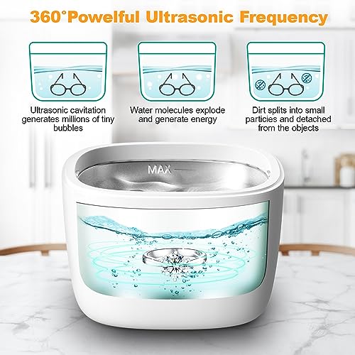 Ultrasonic Jewelry Cleaner Machine, Automatic Ultra Sonic Cleaner for Rings, Glasses, Jewelry, Portable Dentures Cleaner with Three Clean Modes 5 min /8 min /10 min - 45 kHz 225ML