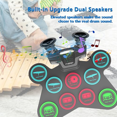 FVEREY Electric Drum Set, 9 Drum Practice Pads, Roll Up Drum Kit, Portable Digital Drum Machine with Headphone Jack, Built-in Speaker, Drum Sticks, Pedals, Christmas Birthday Gift for Beginner, Kids