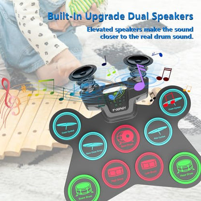FVEREY Electric Drum Set, 9 Drum Practice Pads, Roll Up Drum Kit, Portable Digital Drum Machine with Headphone Jack, Built-in Speaker, Drum Sticks, Pedals, Christmas Birthday Gift for Beginner, Kids