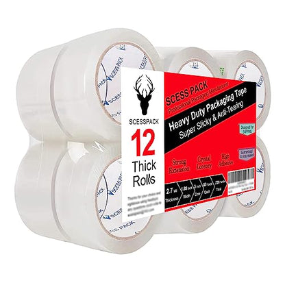 SCESSPACK Packing Tape (12 Rolls),2.7mil, Heavy Duty Packaging Tape for Shipping Moving Sealing, 1.88 Inch x 60 yd Per Roll, Total 720 Yards (12)