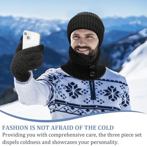 3-Pieces Winter Beanie Hats, Scarf and Touch Screen Gloves Set for Men and Women, Warm Knit Cap Set Dark Grey-2
