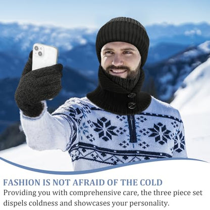 3-Pieces Winter Beanie Hats, Scarf and Touch Screen Gloves Set for Men and Women, Warm Knit Cap Set Dark Grey-2