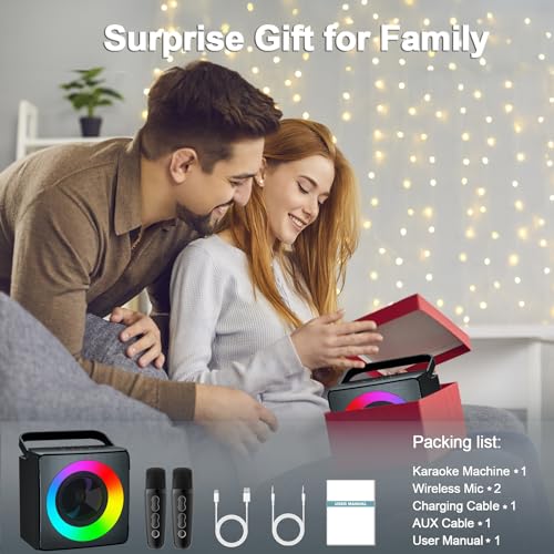 TodHeei Karaoke Machine, Portable Karaoke System for Kids Adults Bluetooth Karaoke Speaker with 2 Wireless Mics and Colorful Lights, Ideal Gifts for Girls Boys Party