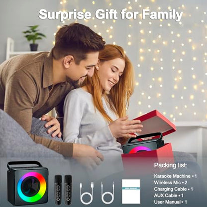 TodHeei Karaoke Machine, Portable Karaoke System for Kids Adults Bluetooth Karaoke Speaker with 2 Wireless Mics and Colorful Lights, Ideal Gifts for Girls Boys Party
