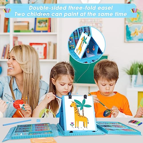 Art Supplies 248 Pieces, Girls Boys Teen Artist Drawing Art Kit, Arts and Crafts Gift, Art Set Box with Reversible Tri-Fold Easel, A4 Paper, Coloring Book, Oil Pastels, Crayons, Colored Pencils, Bule