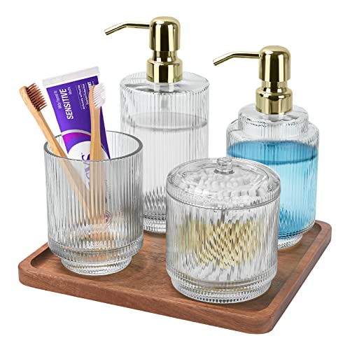 Bathroom Accessory Set,5 PCS Modern Premium Clear Glass Bath Accessories,Set of 2 Lotion Soap Dispensers,Toothbrush Holder,Qtip Holder & Acacia Wooden Tray,Gift for Home Decor & Countertop Organizer