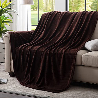Bertte Plush Throw Blanket Super Soft Fuzzy Warm Blanket | 330 GSM Lightweight Fluffy Cozy Luxury Decorative Stripe Blanket for Bed Couch - 50"x 60", Brown