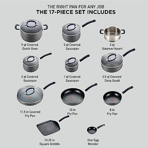 T-fal Ultimate Hard Anodized Nonstick Cookware Set 17 Piece Oven Broiler Safe 400F, Lid Safe 350F Pots and Pans, Dishwasher Safe Black