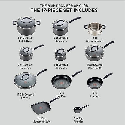 T-fal Ultimate Hard Anodized Nonstick Cookware Set 17 Piece Oven Broiler Safe 400F, Lid Safe 350F Pots and Pans, Dishwasher Safe Black