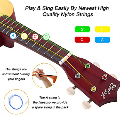 Everjoys Soprano Ukulele Beginner Pack-21 Inch w/Rainbow String Free Online Lesson Gig Bag Fast Learn Songbook Digital Tuner Pick All in One Kit
