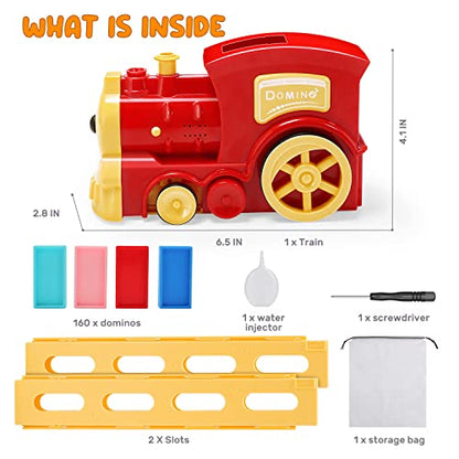Skirfy Birthday Gift Kids Toys Dominoes Train Set- 160PCS Domino Blocks Set Automatically Run with Real Steam Function, with Lights and Sound,Creative Toys for Kids Aged 4-8 with Storage Bag