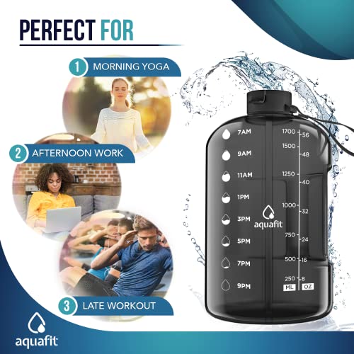 AQUAFIT Half Gallon Water Bottle With Times To Drink - 64 oz Water Bottle With Straw - Water Jug - Motivational Water Bottle - Large Water Bottle - Sports Water Bottle With Time Marker for Gym