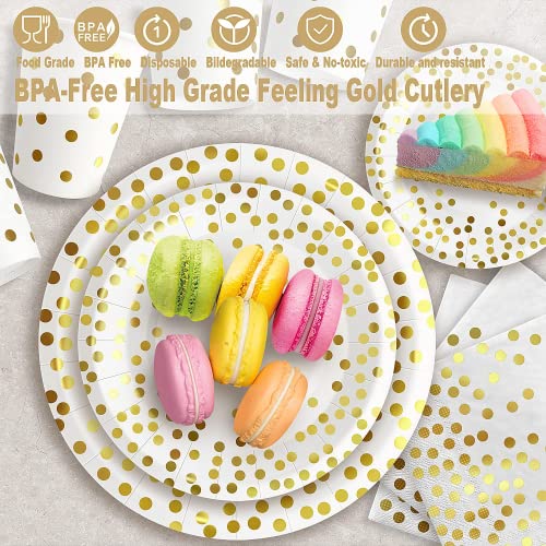 350PCS White and Gold Party Supplies, Severs 50 Disposable Gold Paper Plates Party Supplies Engagement Party Decorations Gold Plastic Forks Knives Spoons Napkins Cups for Wedding Bachelorette
