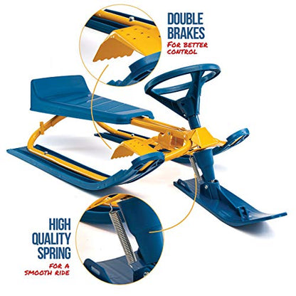 Machrus Frost Rush Snow Sled with Steering Wheel, Twin Brakes & Pull Rope - Winter Racer Snow Sled for Kids and Adults for Sledding