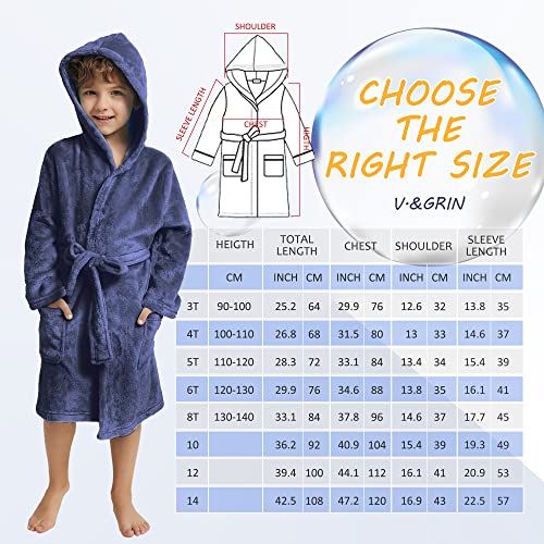 V.&GRIN Boys Fleece Robe, Hooded Toddler Soft Fuzzy Bathrobe for Kids 3-14 Years（Navy 7-8