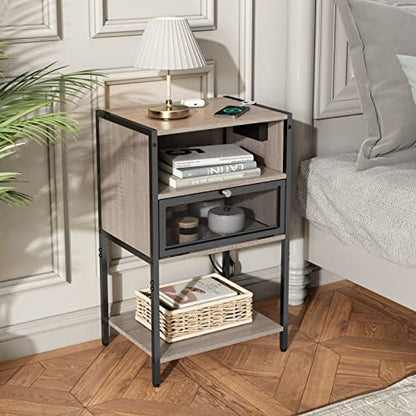 SOOWERY Nightstand with Charging Station, End Table with USB Ports and Outlets, Bedside Tables with Storage Space and Door, for Bedroom, Living Room, Greige