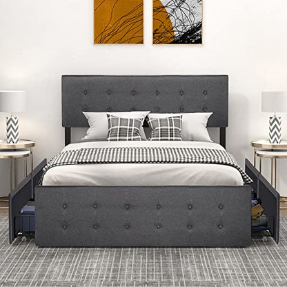 IDEALHOUSE Queen Bed Frame with 4 Storage Drawers and Headboard, Adjustable Upholstered Headboard Beds Mattress Foundation with Wood Slat Support, No Box Spring Needed