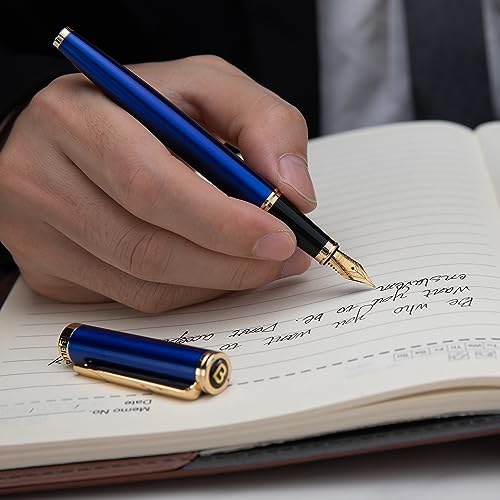 BEILUNER Blue Fountain Pen,Stunning Luxury Pen,24K Gilded Nib(Fine),Gorgeous 24K Gold Finish,German Schneider Ink Converter,Trustworthy Pen Gift for Men&Women-Elegant, Reliable,Nice Pen for Writing