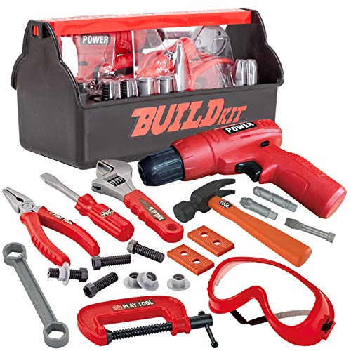 JOYIN 19Pcs Kids Tool Set, Pretend Play Toddler Power Toy Tool with Construction Tool Box & Electronic Toy Drill for for Boy Girl Halloween Birthday Dress Up Party