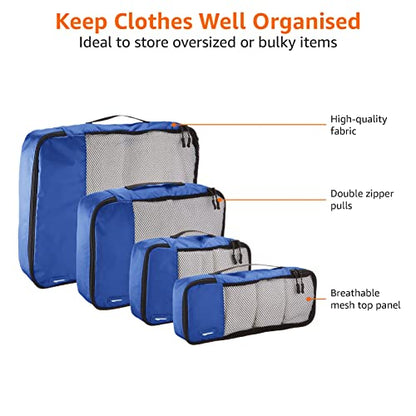 Amazon Basics 4 Piece Packing Travel Organizer Cubes Set, Small, Medium, Large, and Slim, Blue