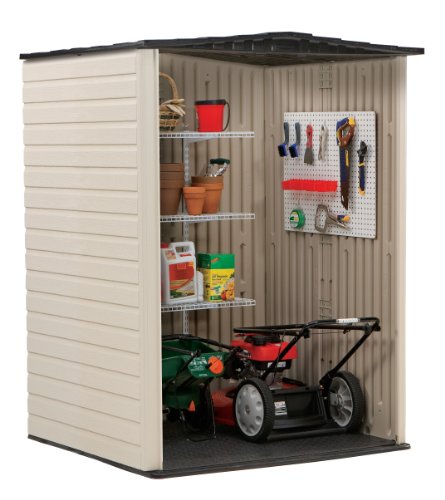 Rubbermaid Resin Weather Resistant Outdoor Storage Shed, 5 x 4 ft., Sandalwood/Onyx Roof, for Garden/Backyard/Home/Pool