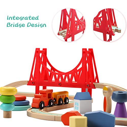 Giant bean Sky City Wooden Train Set for Boys Girls 1 2 3 4, 42 PCS Train Track Set, Railway with Stacking Rings & Rocks Train Accessories, Fits Brio, Melissa & Doug, Thomas and Friends