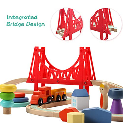 Giant bean Sky City Wooden Train Set for Boys Girls 1 2 3 4, 42 PCS Train Track Set, Railway with Stacking Rings & Rocks Train Accessories, Fits Brio, Melissa & Doug, Thomas and Friends