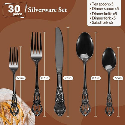 PUREAIN Black Silverware Set, 30 Pieces Retro Royal Silverware Set for 6, Anti-rust Stainless Steel Flatware Set Including Fork Spoon and Knife, Dishwasher Safe