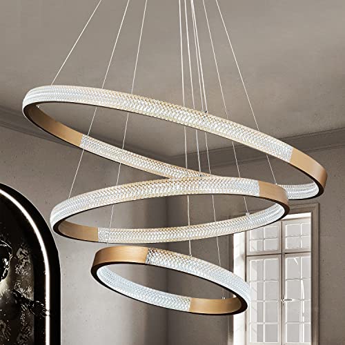 Buccleuch Dining Room Light Fixtures Over Table Gold Modern Chandelier Lighting LED 3-Ring for Living Room Kitchen Island Adjustable Cords 75W 6000K Dimmable