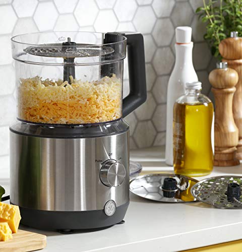 GE Food Processor |12 Cup | Complete with 3 Feeding Tubes & Stainless Steel Accessories-3 Discs + Dough Blade | 3 Speed | for Shredded Cheese, Chicken & More | Kitchen Essentials | 550 Watts