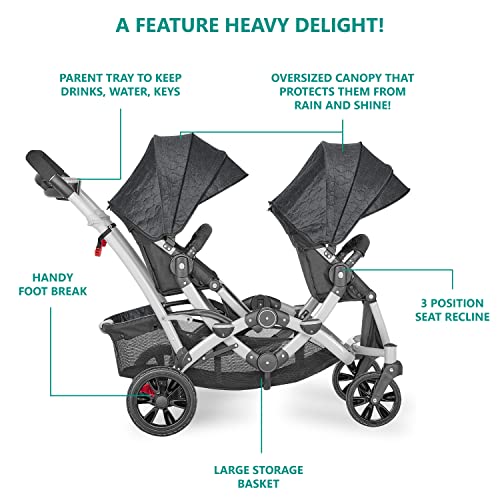 Dream On Me Track Tandem Double Umbrella Stroller in Slate, Lightweight Double Stroller for Infant and Toddler, Multi-Position Reversible & Reclining Seats, Large Storage Basket and Canopy