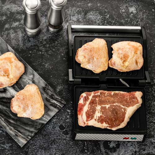 OVENTE Electric Indoor Panini Press Grill and Sandwich Maker with Non-Stick Coated Plates, Opens 180 Degrees to Fit Any Type or Size Food, Temperature Control and Removable Drip Tray, Silver GP0620BR