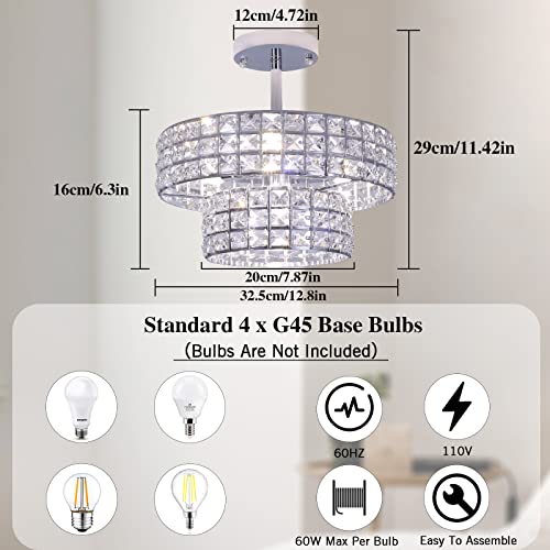 LASENCHOO 4 Lights Modern Crystal Chandeliers for Living Room Kitchen Dining Room Light Fixture, Crystal Flush Mount Ceiling Light Fxiture Brushed Nickel Flush Mount Chandelier G45 Bulbs(Not Include)