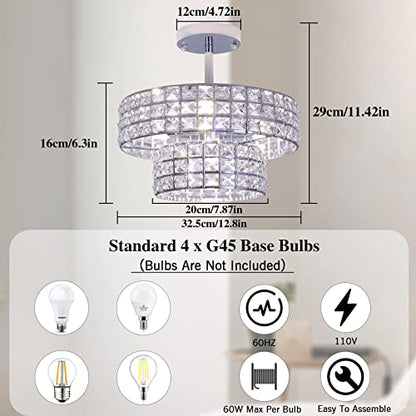 LASENCHOO 4 Lights Modern Crystal Chandeliers for Living Room Kitchen Dining Room Light Fixture, Crystal Flush Mount Ceiling Light Fxiture Brushed Nickel Flush Mount Chandelier G45 Bulbs(Not Include)