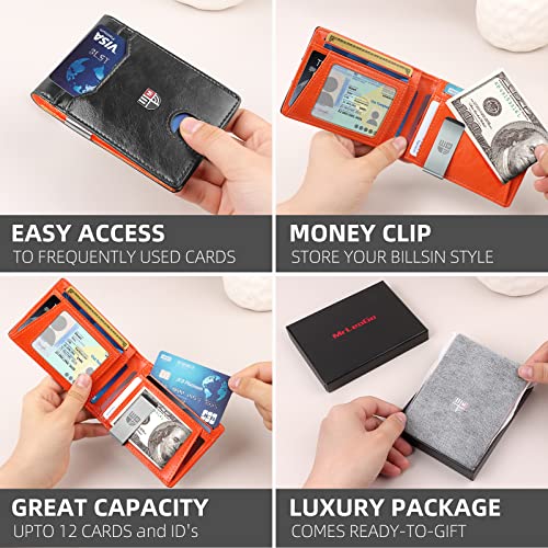 Slim Minimalist Front Pocket Rfid Blocking Leather Wallet |Front Pocket Wallets For Men Slim Minimalist | Thin Mens Bifold Wallet with Money Clip | 12 Card Holders Slots with ID Window | Gift Choice