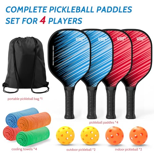 Sunlode Pickleball Paddles Set of 4, Pickleball Set of 4 Premium Wood Pickleball Rackets, 4 Pickle Balls, 4 Cooling Towels and 1 Carry Bag, Pickleball Set for Beginners & Family