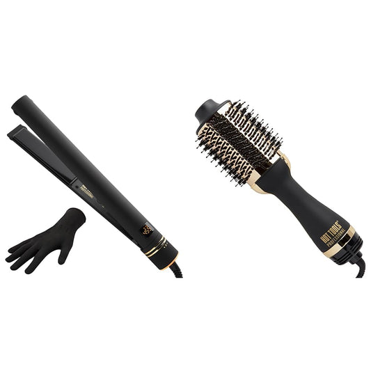 Hot Tools Pro Artist Black Gold Evolve Ionic Salon Hair Flat Iron | Long-Lasting & 24K Gold One-Step Hair Dryer and Volumizer | Style and Dry, Professional Blowout