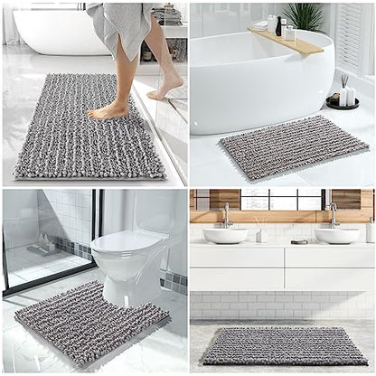 Yimobra Luxury Bathroom Rugs Sets 2 Piece, Soft U-Shaped Contour Toilet Rug and Fluffy Chenille Bath Rug, Non-Slip Absorbent Bath Floor Mat Carpet Set, Machine Washable, 31x20+24x20 Inch Grey