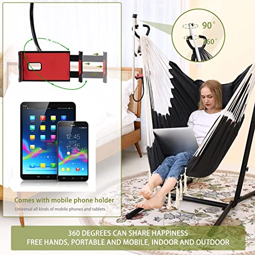 Hammock Chair with Stand Double Hammock Chair Bohemian Style with Tassel Phone Stand Handmade Adjustable Swing Indoor Outdoor Patio Garden Porch with footrest can Lie Down Capacity 400 pounds (Black)