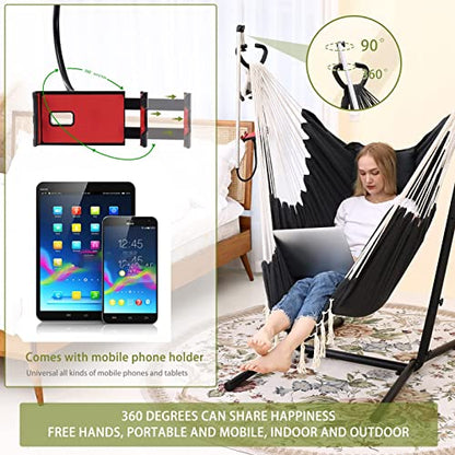 Hammock Chair with Stand Double Hammock Chair Bohemian Style with Tassel Phone Stand Handmade Adjustable Swing Indoor Outdoor Patio Garden Porch with footrest can Lie Down Capacity 400 pounds (Black)